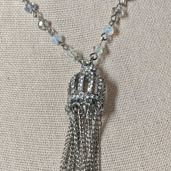Vintage Iridescent Beaded Silver Crown Tassel Necklace. 18”-21” - Picture 2 of 7